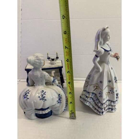 Vintage Porcelain Blue White Gold Accents Victorian Lady Playing Piano & Girl - Picture 5 of 7